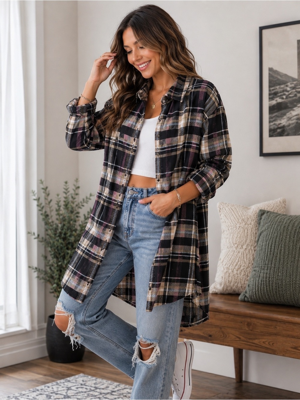 HUE Black & Pink Plaid Button-Down Shirt